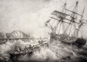 Redding van bemanning van Bretonse vissersboot door Zweeds schip Le Neptune, Lithografie door Ferdinand Perrot