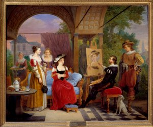 Pierre Paul Rubens in zijn atelier schilderend "de strohoed", zijn model is Suzanne Fourment, zijn schoonzus