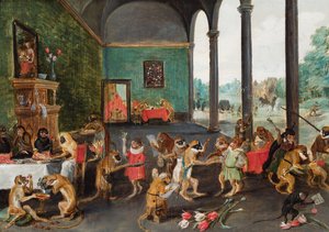 Een apenfeest (olieverf op paneel) door Ferdinand van Kessel