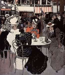 Vrouw die aan een tafel buiten een café praat. Illustratie door Von Reznicek in: Simplicissimus, Duitsland door Ferdinand von Reznicek