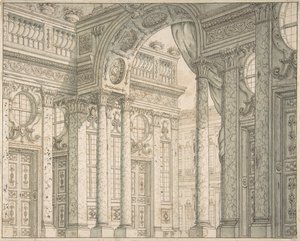 Ontwerp van een perspectief voor een toneelset met binnenplaats en triomfboog, ca. 1675-1743