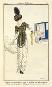 Veste de velours pékinois noir et auburn sur fourreau de frissonnette peinte. Chapeau velours et aigrette door Fernand Siméon