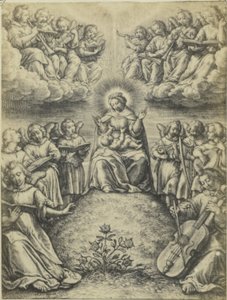 Fotoreproductie van de gravure Le concert des anges door Hieronymus Wierix door Fierlants