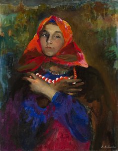 Russisch meisje met een rode hoofddoek