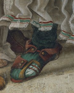 Sint Filippus verdrijft de draak uit de tempel van Hieropolis, detail van schoeisel, fresco