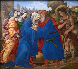 De ontmoeting van Joachim en Anna buiten de Gouden Poort van Jeruzalem