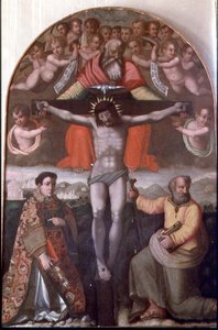Drie-eenheid met SS. Stefanus en Filippus, centraal paneel van een altaarstuk