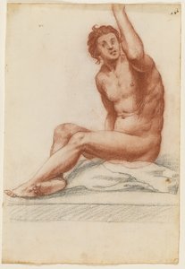 Mannelijke figuur met zijn lichaam naar links gedraaid, zijn linkerarm omhoog reikend, zittend op een doek door Filippo Esegrenio