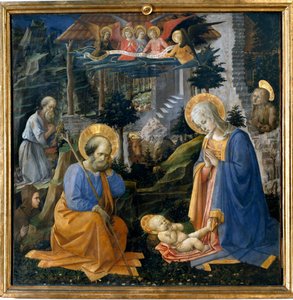 Aanbidding van het kind met Sint-Jerome, Sint-Hilarion, Sint-Magdalena en engelen