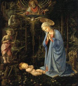 De maagd die het kind aanbidt / De aanbidding in het bos, De heilige familie met de jonge Johannes door Filippo Lippi