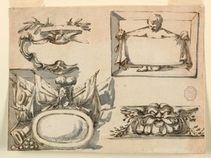 Tekening, Een wapenschild, een trofee, een etiket, een decoratief motief voor een fries, 1750-75 door Filippo Marchionni