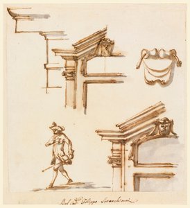 Tekening, architecturale details en figuurstudie, 1760-75 door Filippo Marchionni