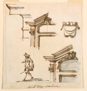 Tekening, architecturale details en figuurstudie, 1760-75 door Filippo Marchionni