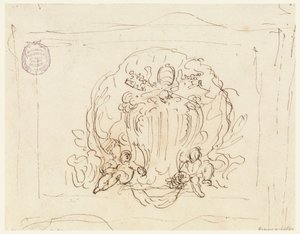 Tekening, Tablet met het wapen van paus Benedictus XIV met schelp als achtergrond, 1740-58 door Filippo Marchionni