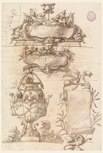 Twee wapenschilden, decoratieve vaas en een rol door Filippo Marchionni