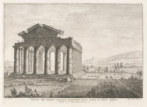 Veduta del tempio esastilo perittero dalla parte di mezzo giorno (Zicht op de Peripterale Hexastyle Tempel vanuit het zuiden), uit Antichità di Pesto (Antiquiteiten van Paestum)