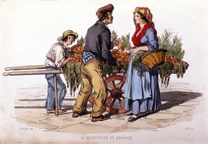 Kleine bedrijven van de stad Napels: de wandelende sinaasappelverkoper. Gravure naar een schilderij van F. Palizza. Uit een werk van Francesco de Bourcard 