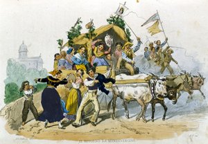 Neapolitanen keren vrolijk terug van de excursie naar Montevergine. Tekening door F. Palizzi uit 