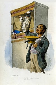 Kleine handel van de stad Napels: de poppenspeler. Gravure naar een schilderij van F. Palizza. Uit een werk van Francesco de Bourcard 