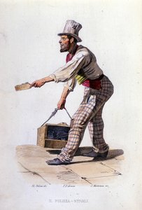 Kleine bedrijven van de stad Napels: de schoenpoetser. Gravure naar een schilderij van F. Palizza. Uit een werk van Francesco de Bourcard “Costumi del regno di Napoli”