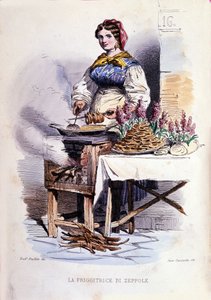 Kleine bedrijven van de stad Napels: wandelende verkoopster van zeppolle, specialiteit gebak van Napels. Gravure naar een schilderij van F. Palizza. Uit een werk van Francesco de Bourcard “Costumi del regno di Napoli” door Filippo Palizzi