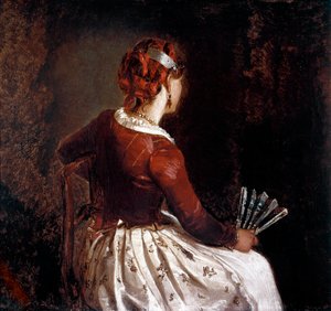 Vrouw met de waaier. Portret van een zittende vrouw met een schort, een rok met bloemen en rode linten in haar haar en een waaier in haar hand