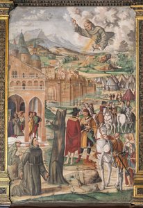 De heilige verschijnt aan de gezegende Luca Belludi en voorspelt de bevrijding van Padua, School van de Heilige door Filippo da Verona