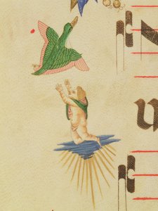 Missaal 515 f.13v Een geklede cherub die probeert een vliegende vogel te vangen, uit een decoratieve rand, detail uit een Koorboek uitgevoerd voor 1449 door Filippo di Matteo Torelli