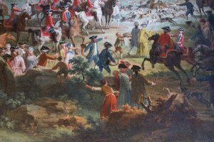 Hertenjacht (Caccia al cervo), door Vittorio Amedeo Cignaroli, olieverf op doek, zaal van schildknapen, Jachthuis, door Filippo Juvarra, Stupinigi, Piëmont, Italië