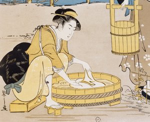 Vrouwen wassen in rivier, omslag door Firmin Gillot, Le Japon Artistique, kunst- en industriële documenten verzameld door Siegfried Bing, maandelijkse publicatie juli 1889, Frankrijk door Firmin Gillot