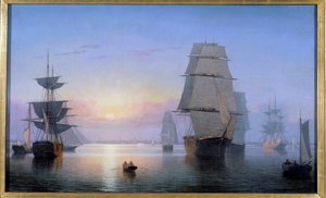 Boston Harbour in de ondergaande zon in 1850 door Fitz Henry Lane