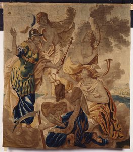 Een Brusselse wandtapijt geweven in wol en zijde, met verschillende godheden, waaronder Minerva, Apollo, Diana, Mercurius en Cornus te midden van wolken
