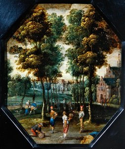 Een kermesscène in een dorp bij een rivier