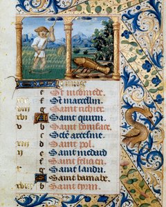 Kalender, juni, een boer die maait en het teken van kanker. Pagina uit een getijdenboek ms. 47, verlucht door de Vlaamse school. 16e eeuw Badia de 