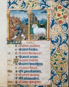 Kalender, de maand maart, een zaaiende boer en de ram. Pagina uit een getijdenboek ms. 47, verlucht door de Vlaamse school. 16e eeuw door Flemish School