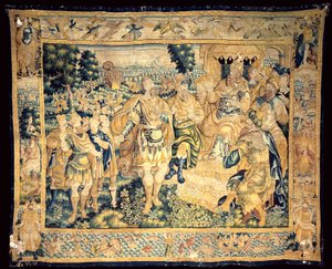 Kathedraal. Interieur. Vlaamse wandtapijt. De geschiedenis van Judas Maccabeus (?). Oorsprong Oudenaarde. Ongeïdentificeerde markeringen rechtsonder. Ca 1575-1610