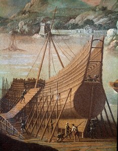Bouw van een galei in een scheepswerf in Genua (detail) door Flemish School