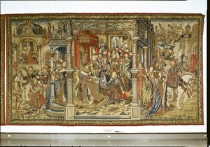 Davids zonen Amnon en Absalom verklaren elkaar de oorlog, Wandtapijt van David en Bathseba, ca. 1510-15 door Flemish School