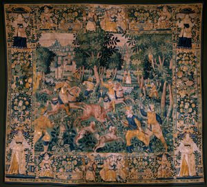 Vlaamse wandtapijt. Jacht op een hert. Atelier van Oudenaarde. 295x331cm. Inv (82941)-1 / PRIVE. 17e eeuw.