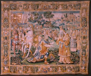 Vlaamse wandtapijt. Alexander voor de Hogepriester Iaddo. Atelier van Oudenaarde. 374x447cm. Inv(830-B)4 00010. 17e eeuw.