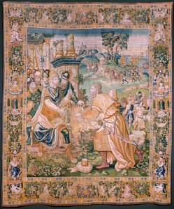 Vlaams wandtapijt. Alexander wordt een kroon aangeboden. Atelier van Oudenaarde. 384x316cm. 17e eeuw. door Flemish School