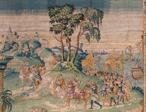 Vlaamse wandtapijt. Alexander wordt een kroon aangeboden. Atelier van Oudenaarde. 384x316cm. Inv (83024)-5 / 00009. 17e eeuw.