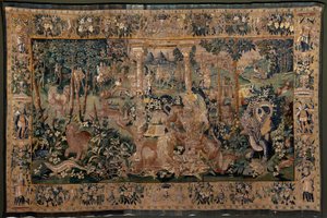 Vlaamse wandtapijt. Landschap met prieel en grote beesten, met 2 zuilen. Atelier van Oudenaarde. 17e eeuw