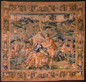 Vlaamse wandtapijt. Militaire kamp bij de rivier Granikos. Atelier van Oudenaarde. 377x393cm. Inv 83104-9 /00011. 17e eeuw.
