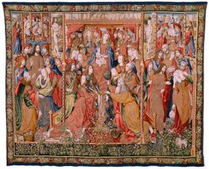 Vlaams wandtapijt. Serie Episodes uit het leven van de Maagd. De profetieën worden vervuld bij de geboorte van Christus. Eerste wandtapijt in de serie. Modellen Toegeschreven aan Jan von Roome (of van Brussel).