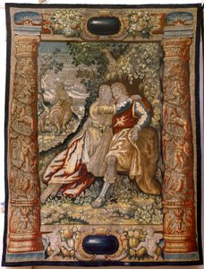 Vlaamse wandtapijt. Serie Galanterie. Koppel met muzikant. Fabriek Brussel, begin 17e eeuw. Stof Zijde en wol, 5/6 scheringen per cm. Grootte 348 x 263 cm. Locatie Kerk van San Millán de la Cogolla, Oncala (Soria). Oorsprong