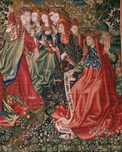 Deugden dagen de ondeugden uit wanneer Christus zijn bediening begint (Las Virtudes desafían a los Vicios cuando Cristo comienza su ministerio). Zesde wandtapijt in de serie. door Flemish School