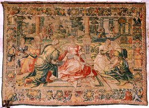 Vlaamse wandtapijt. Serie Marcus Antonius en Cleopatra. Cleopatra en haar hof. Model Carton toegeschreven aan Pieter Coecke van Aelst. Atelier Brussel(?). Tweede helft van de 16e eeuw. Stof Zijde en wol. Afmeting 310 x 435 cm. Oorsprong door Flemish School