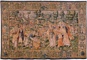 Vlaams wandtapijt. Serie Verhaal van Cyrus. Tomyris beveelt het hoofd van Cyrus in een vat bloed te dompelen. Anoniem, gebaseerd op Michiel Coxcie. Atelier Antwerpen. Zijde en wol. door Flemish School