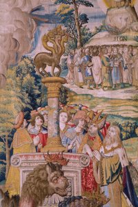 Vlaams wandtapijt. Serie De Apocalyps: Sint-Michiel verslaat de draak. Atelier Willem Dermoyen, Brussel. Ca 1553-1555. (detail) door Flemish School